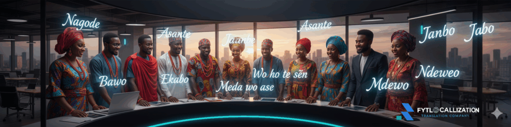 Translators collaborating with AI for localization in Africa