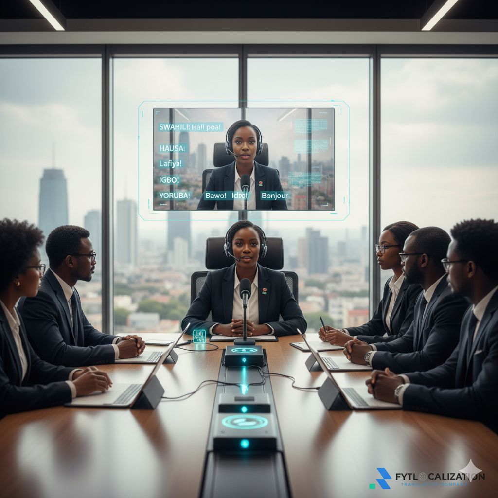 corporate-style scene in a modern African NGO or tech office