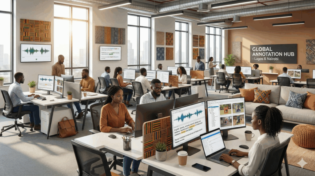 large workspace with multilingual annotation teams.