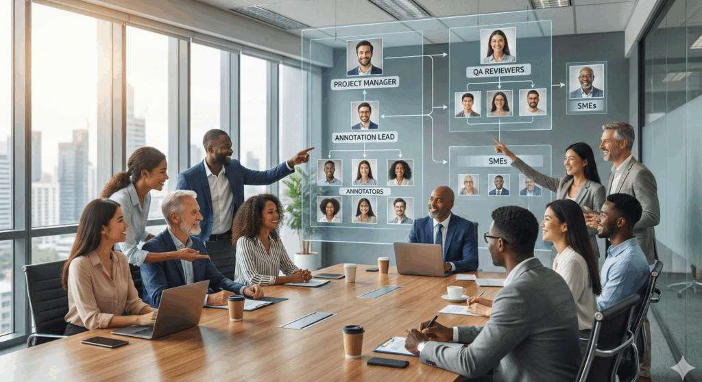 A diverse team in a meeting room