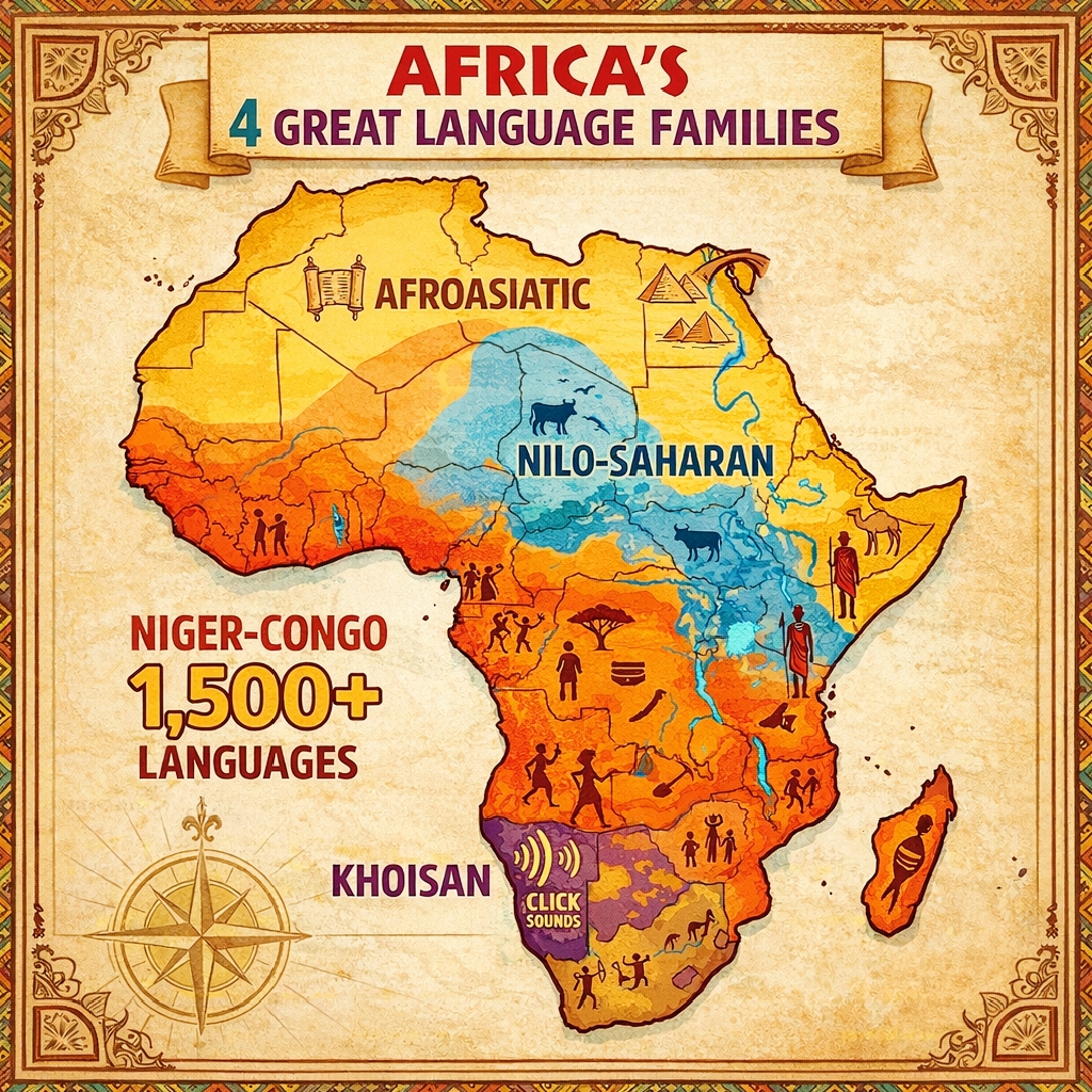 Illustration showing Africa’s four major language families and the diversity of African languages across the continent